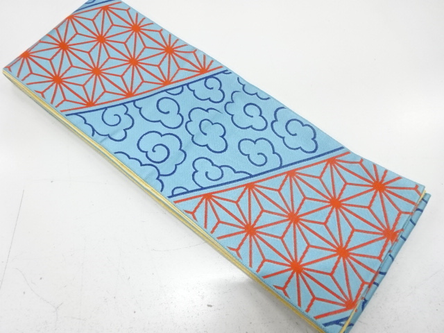 麻の葉に瑞雲模様織り出し　半幅帯